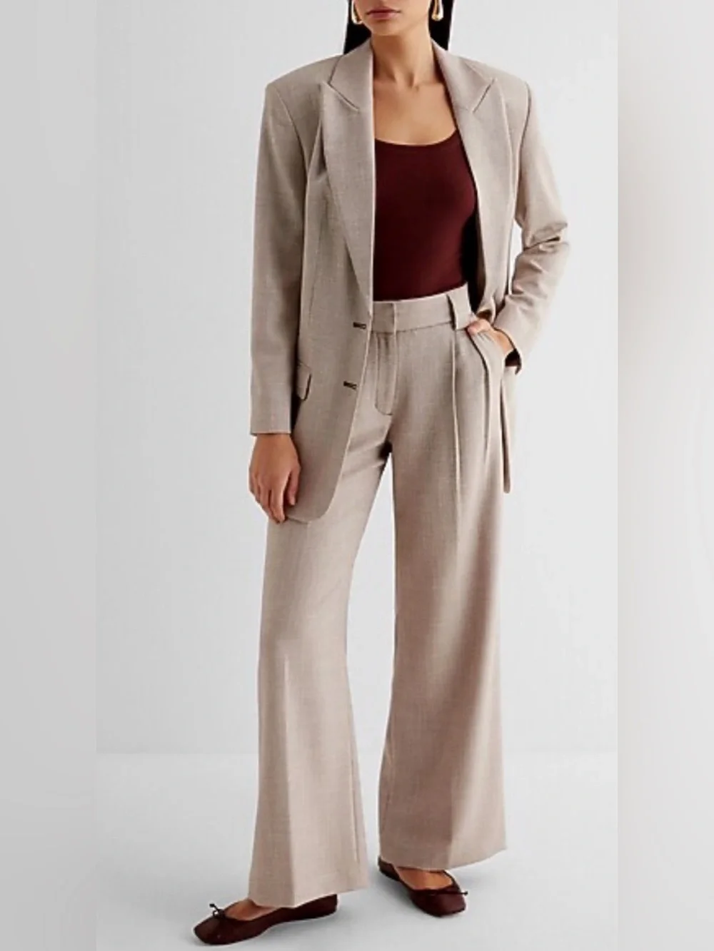 Express Textured Oversized Blazer Boyfriend Fit Beige Neutral Two Button Lined S - Picture 2 of 12